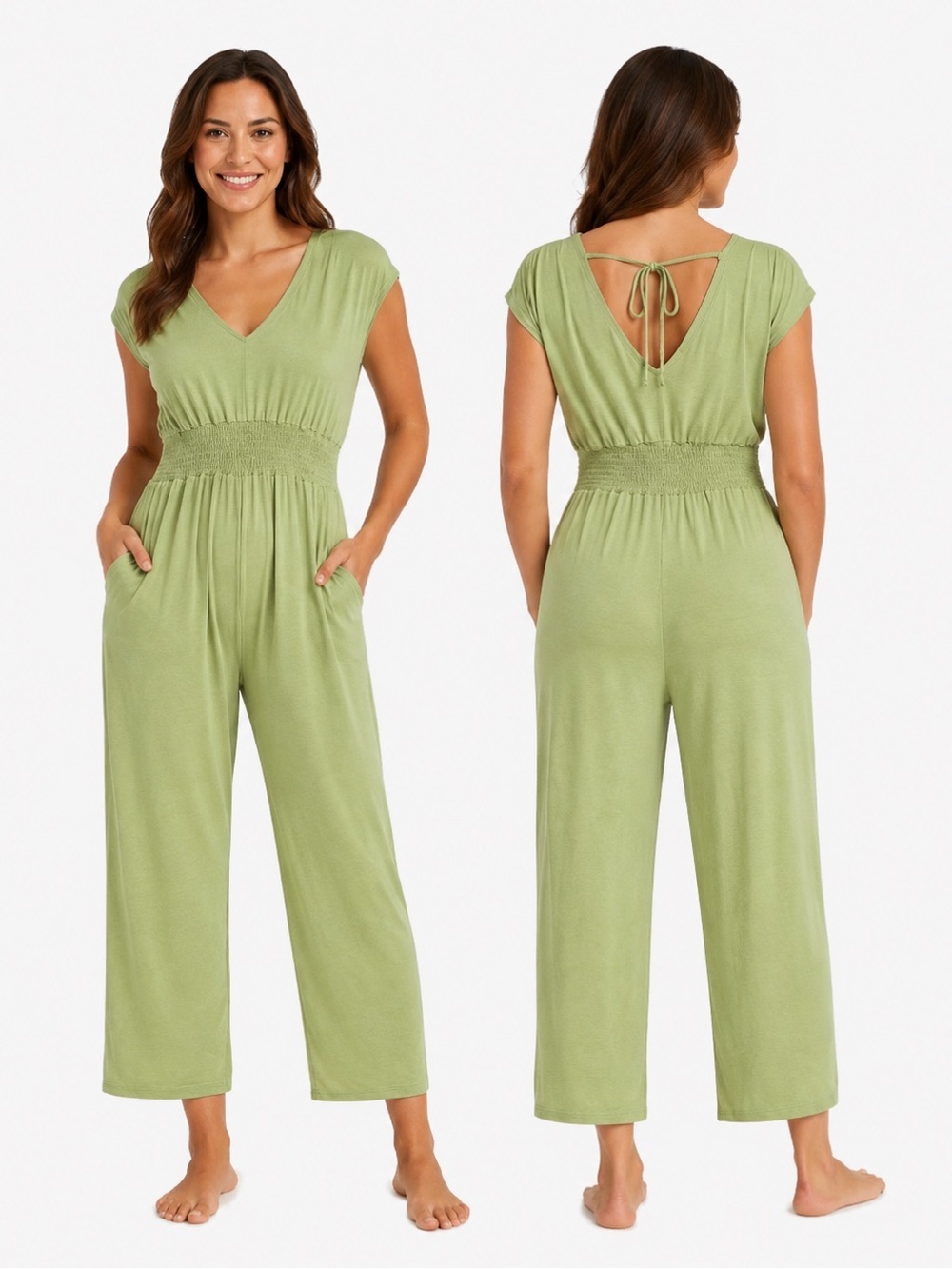 NWT Zaful Sage Green V-Neck Smocked Waist Wide Leg Jumpsuit with Pockets Size L